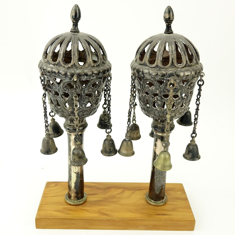 Pair of Late 18th or 19th Century Judaica Silver Torah Finials on Wooden Mount