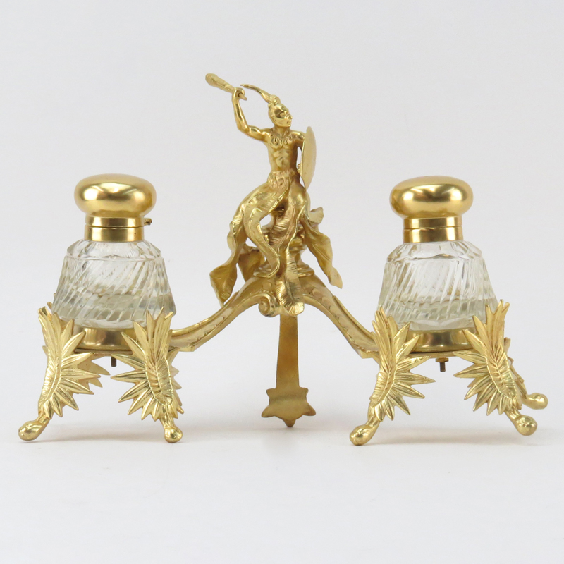 Early 20th Century Napoleon III Style Gilt Bronze and Crystal Inkstand