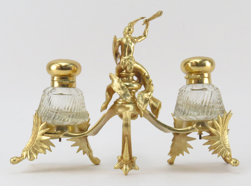 Early 20th Century Napoleon III Style Gilt Bronze and Crystal Inkstand