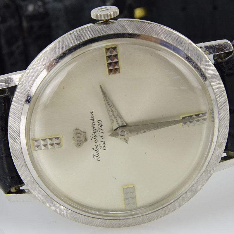 Men's Vintage Jules Jurgensen 14 Karat White Gold Manual Movement Watch with Leather Strap