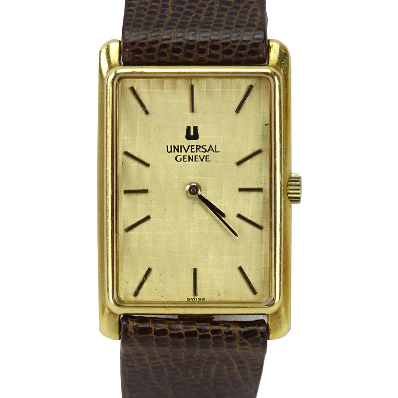 Men's Vintage Universal Geneve 18 Karat Yellow Gold Manual Movement Tank Watch with Lizard Strap