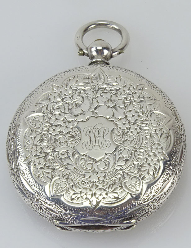 Circa 1886 English, Birmingham Engraved Sterling Silver Pocket Watch with Enamel Decorated Dial and Swiss Movement with Key