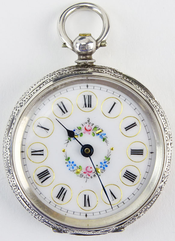 Circa 1886 English, Birmingham Engraved Sterling Silver Pocket Watch with Enamel Decorated Dial and Swiss Movement with Key