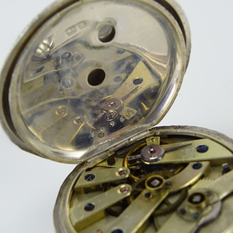 Circa 1886 English, Birmingham Engraved Sterling Silver Pocket Watch with Enamel Decorated Dial and Swiss Movement with Key