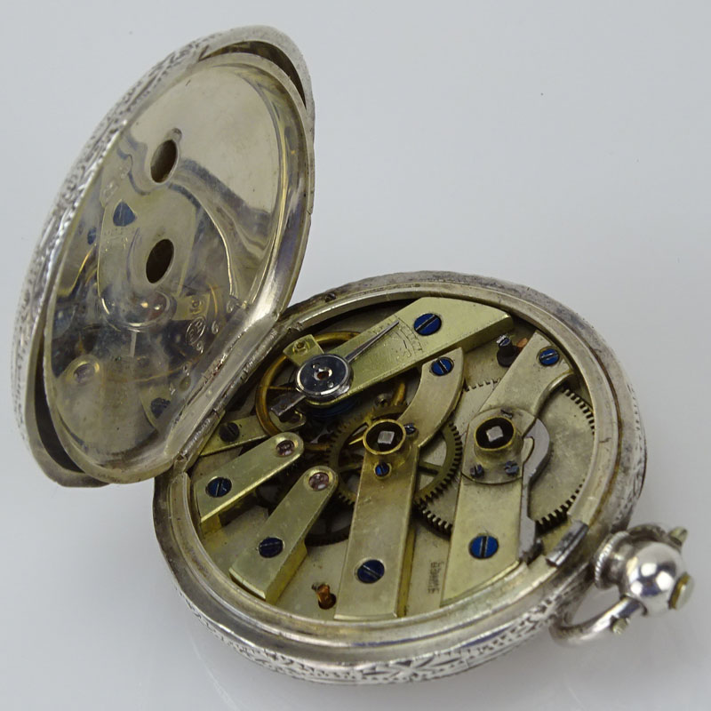 Circa 1886 English, Birmingham Engraved Sterling Silver Pocket Watch with Enamel Decorated Dial and Swiss Movement with Key