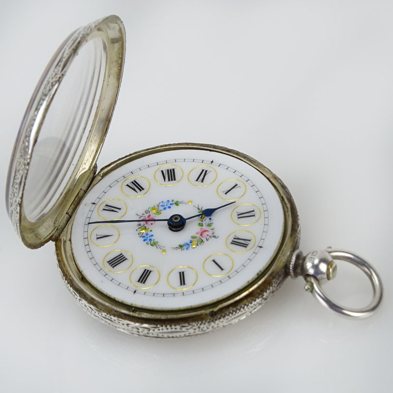 Circa 1886 English, Birmingham Engraved Sterling Silver Pocket Watch with Enamel Decorated Dial and Swiss Movement with Key