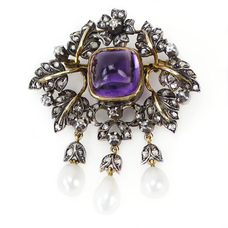Lady's Victorian Double Cabochon Amethyst, Rose Cut Diamond, Pearl, Silver and Gold Pendant/Brooch