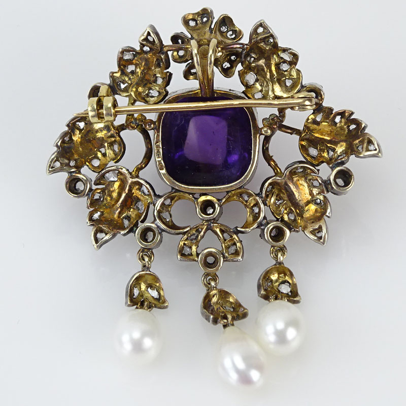 Lady's Victorian Double Cabochon Amethyst, Rose Cut Diamond, Pearl, Silver and Gold Pendant/Brooch