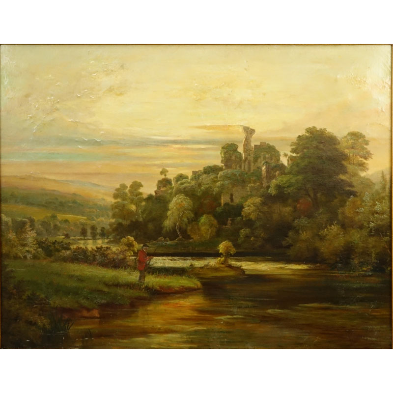 Large 19th C English School Oil on Canvas "Okehampton Castle, North Devon"