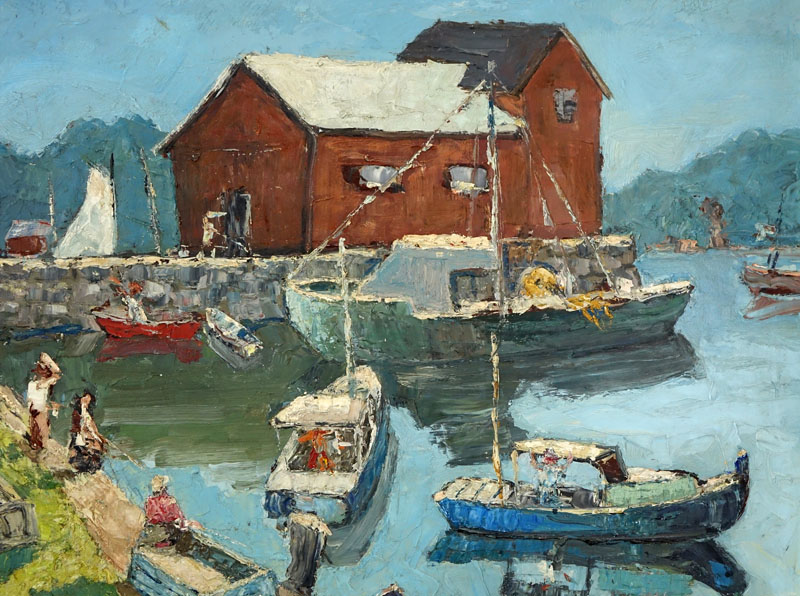 Harry Hering, American 1887-1967) Oil on Masonite, Village Harbor Scene