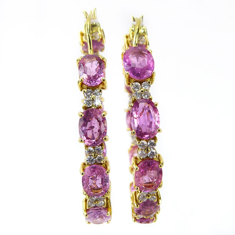 19.97 Carat Oval Cut Pink Sapphire. 1.70 Carat Round Brilliant Cut Diamond and 18 Karat Yellow Gold Hoop Earrings.