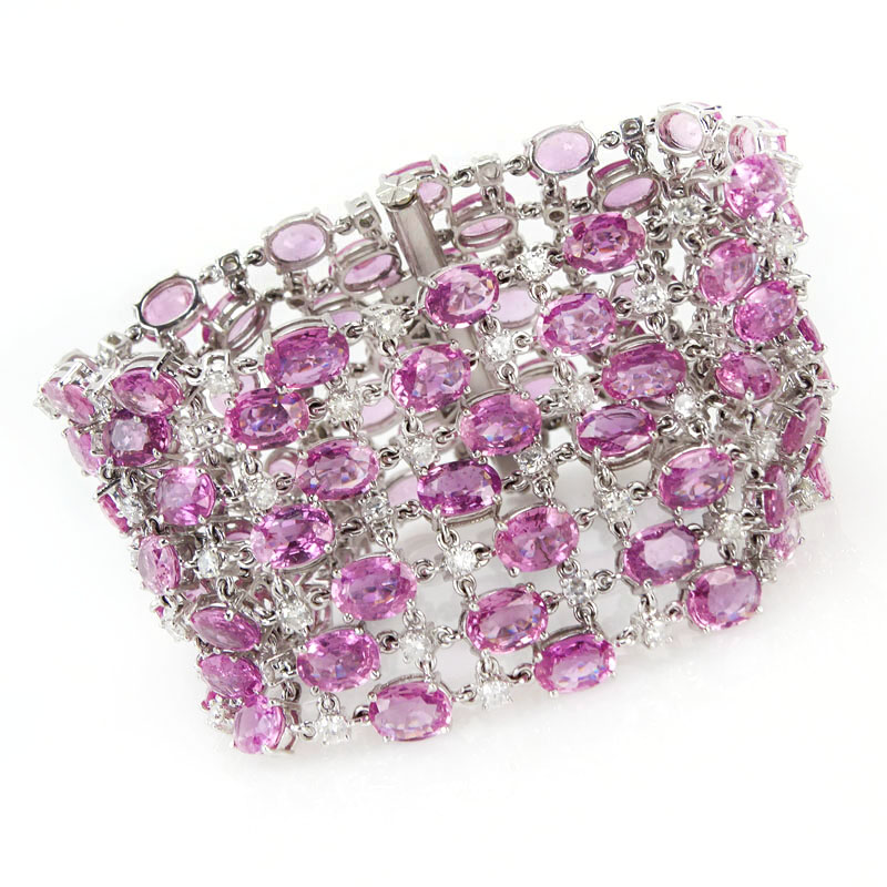 78.00 Carat Oval Cut Pink Sapphire, 6.06 Carat Round Brilliant Cut Diamond and 18 Karat White Gold Bracelet. 