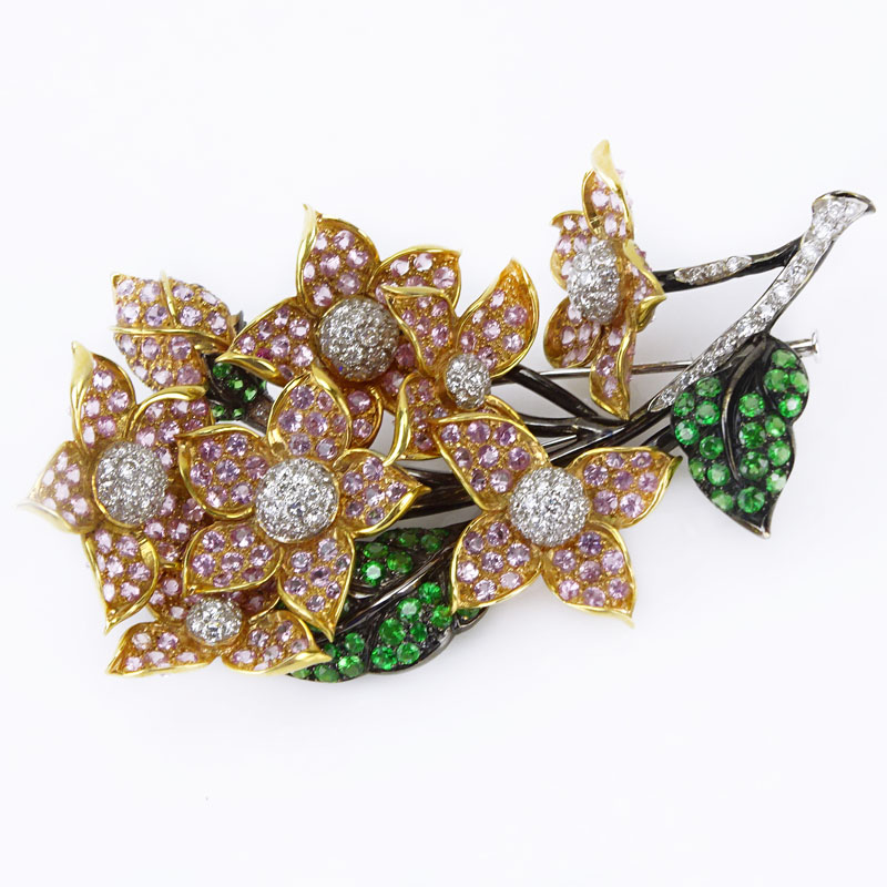 2.94 Carat Pave Set Round Brilliant Cut Diamond, 11.95 Carat Pink Sapphire, 3.40 Carat Tsavorite Garnet and 18 Karat Gold Trembler Brooch.