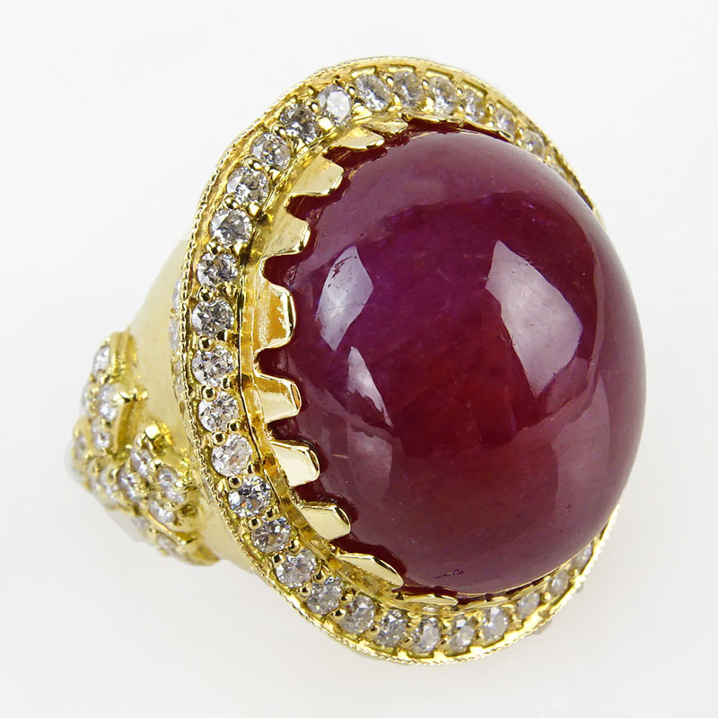 40.27 Carat Cabochon Burma Ruby, 1.79 Carat Round Brilliant Cut Diamond and 18 Karat Yellow Gold Ring. 