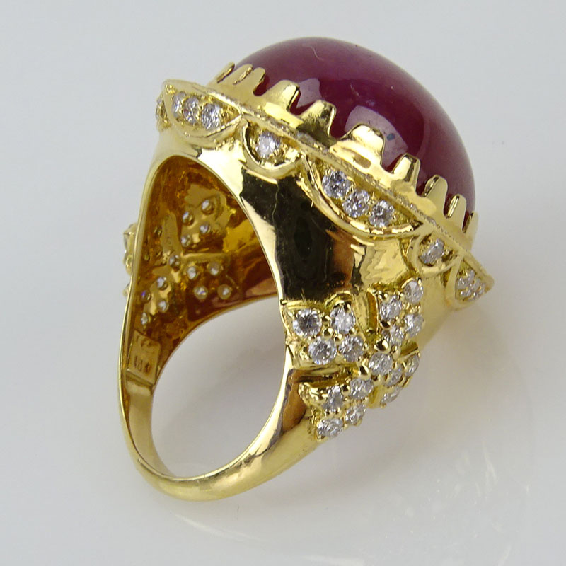 40.27 Carat Cabochon Burma Ruby, 1.79 Carat Round Brilliant Cut Diamond and 18 Karat Yellow Gold Ring. 