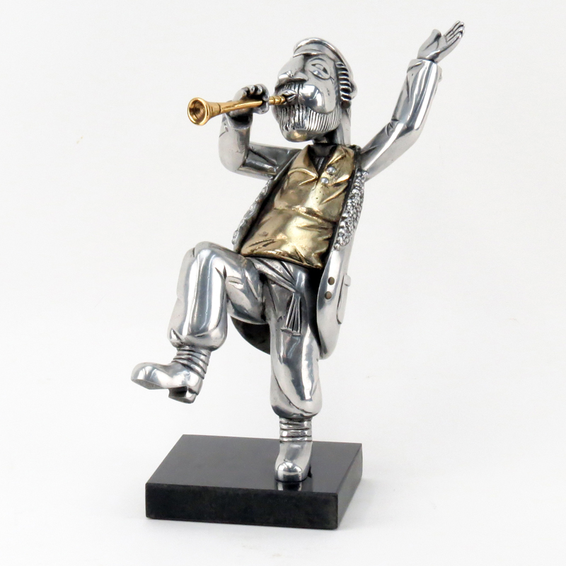 Frank Meisler, Israel Limited Edition Pewter Hasidic Horn Player Sculpture on Granite Base