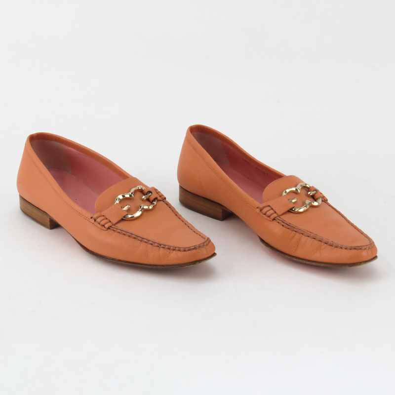 Pair Escada Peach/Salmon Stacked Heel Loafers