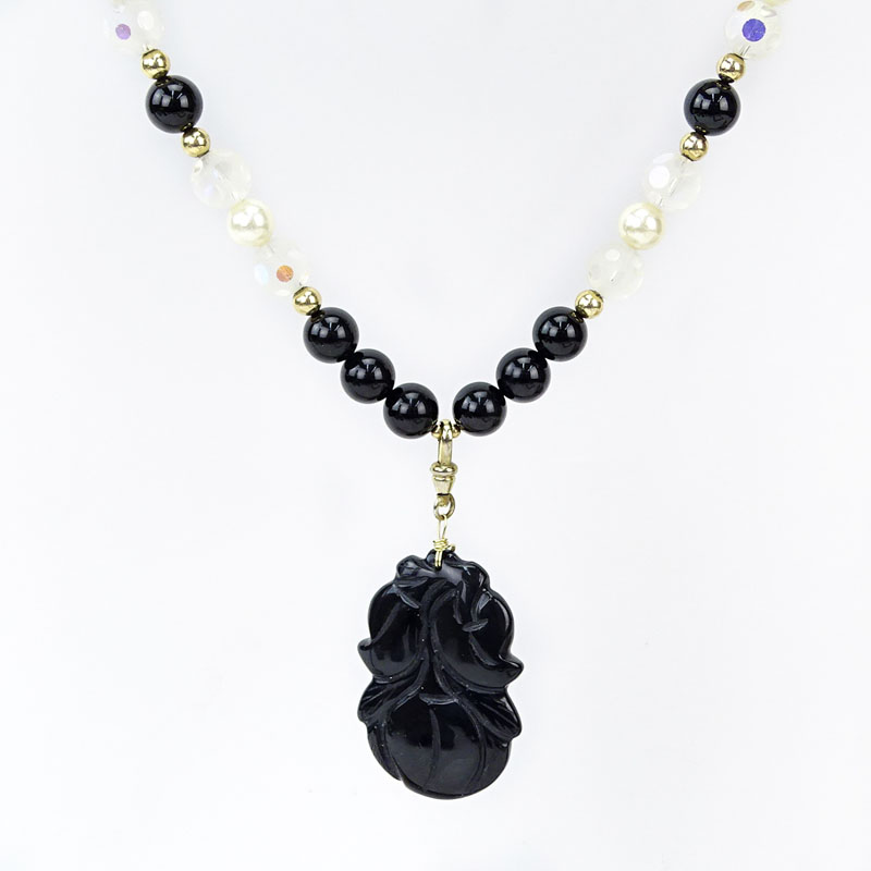 Black Onyx, Carved Crystal, Pearl and 14 Karat Yellow Gold Pendant Necklace