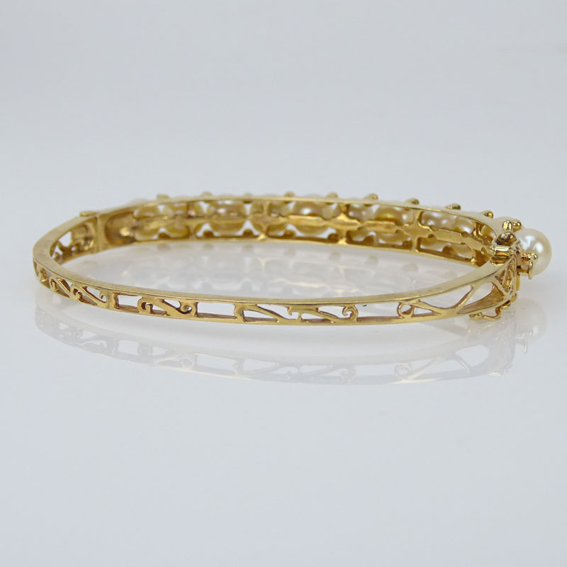 Vintage 4 Karat Yellow Gold and Pearl Bangle Bracelet