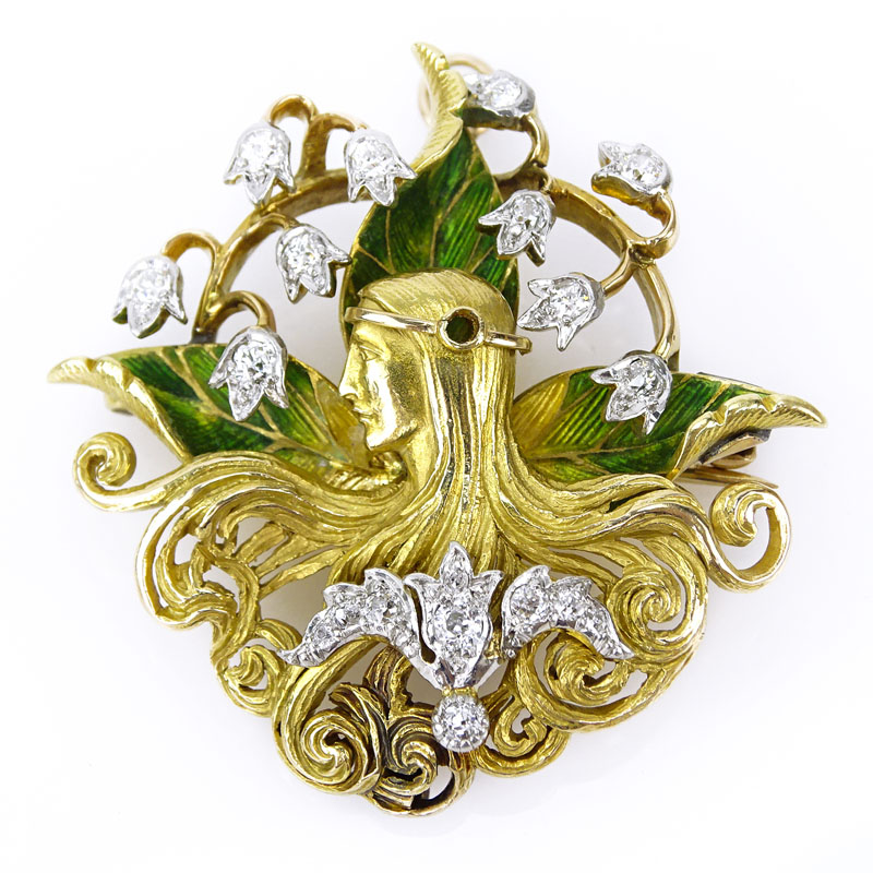 Antique Art Nouveau Old European Cut Diamond, 10 Karat Yellow Gold and Enamel Pendant Brooch