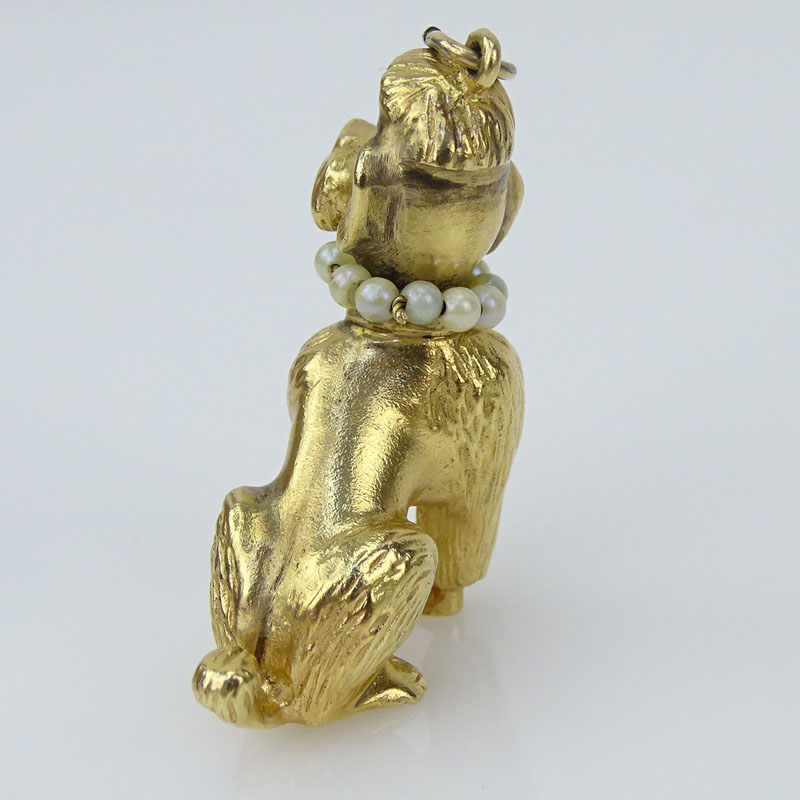 Vintage 14 Karat Yellow Gold Poodle Charm with Sapphire Eyes and Pearl Collar