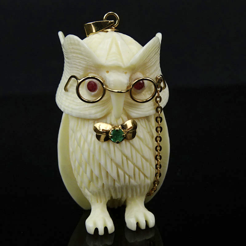 Vintage 14 Karat Yellow Gold Mounted Wise Owl Pendant with Ruby and Emerald Accents