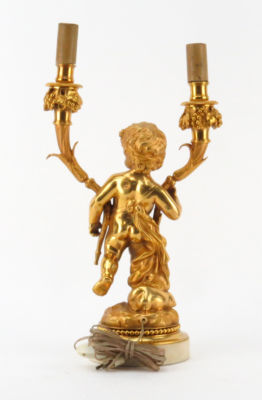 Late 19th Century Two Arm Gilt Bronze Putti Lamp on Marble Base