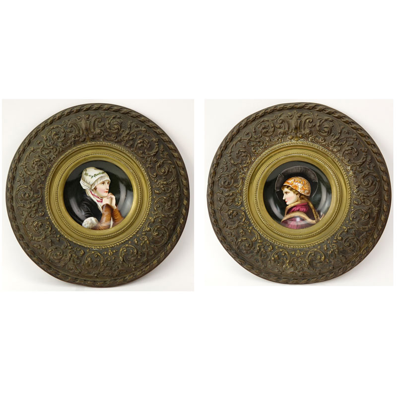 Pair of Victorian Portrait Plates Mounted in Brass Frame