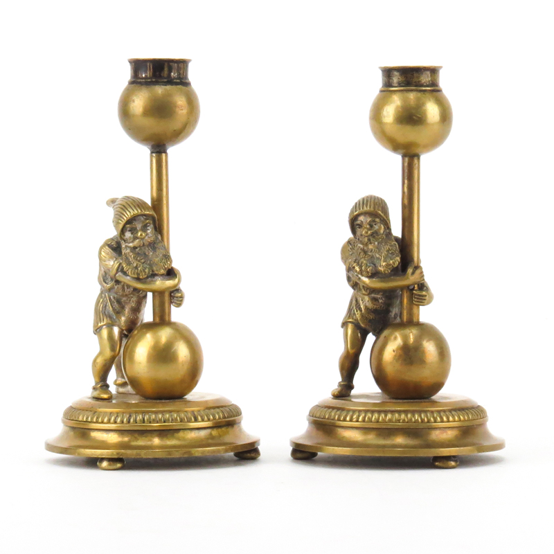 Pair of Early 20th Century Gnome Figural Bronze Candlesticks