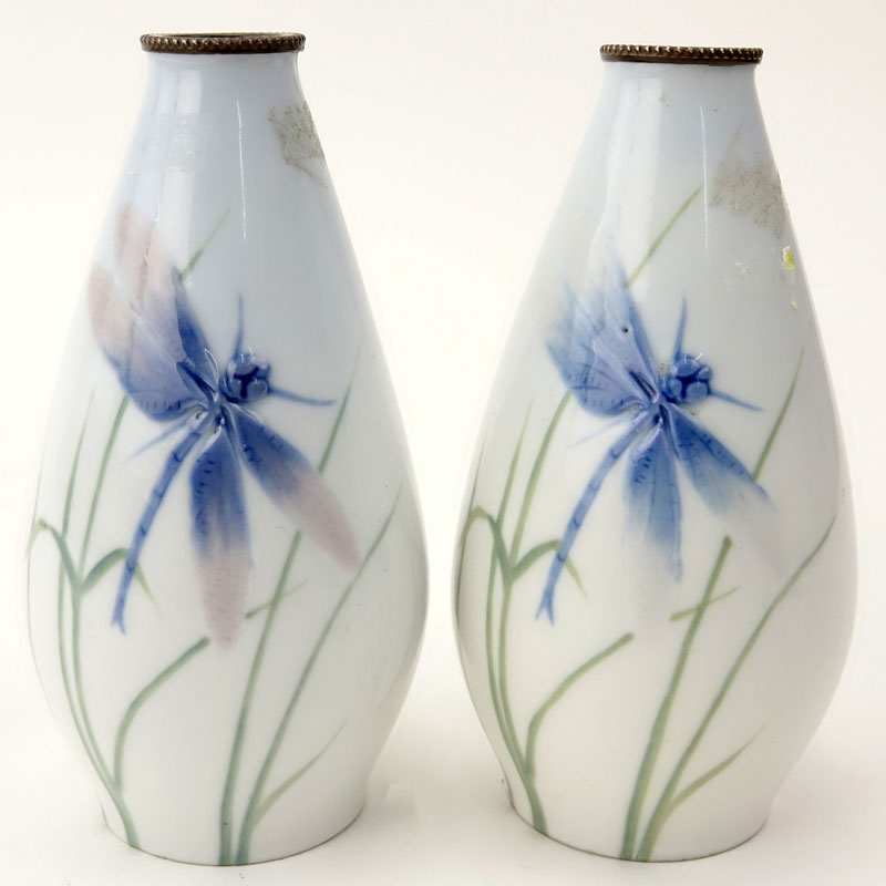 Pair of Pirkenhammer Art Nouveau Dragonfly Relief Porcelain Vases