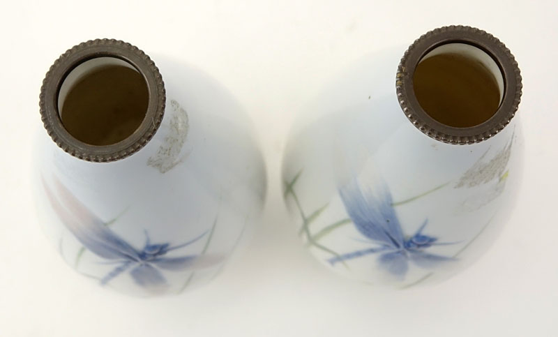 Pair of Pirkenhammer Art Nouveau Dragonfly Relief Porcelain Vases