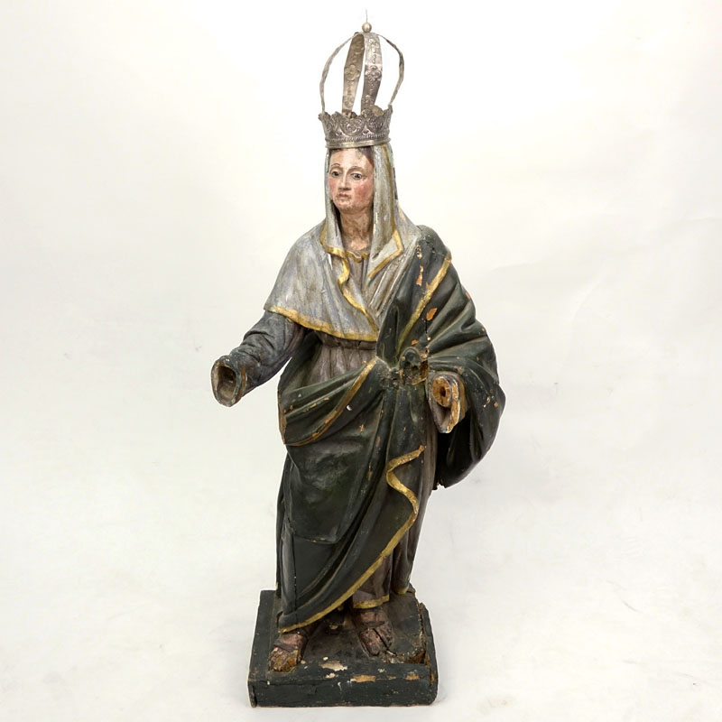 Late 18th or Early 19th Century Carved Wood Polychrome Madonna Sculpture with Silver Crown