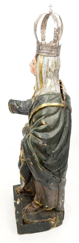 Late 18th or Early 19th Century Carved Wood Polychrome Madonna Sculpture with Silver Crown