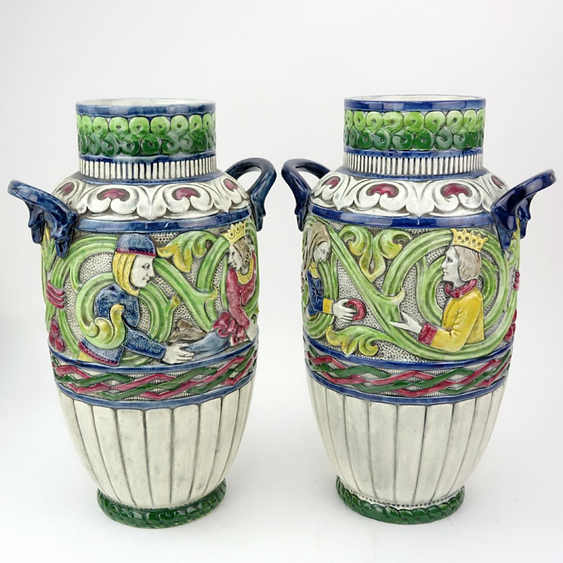Pair of Antique Teplitz Amphora Polychrome Art Nouveau Pottery Vases