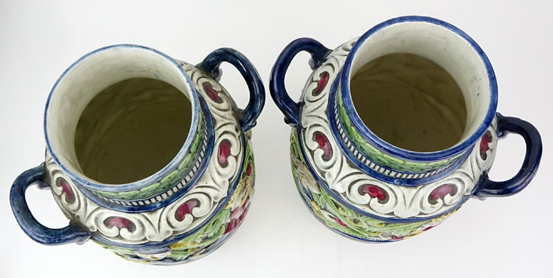 Pair of Antique Teplitz Amphora Polychrome Art Nouveau Pottery Vases