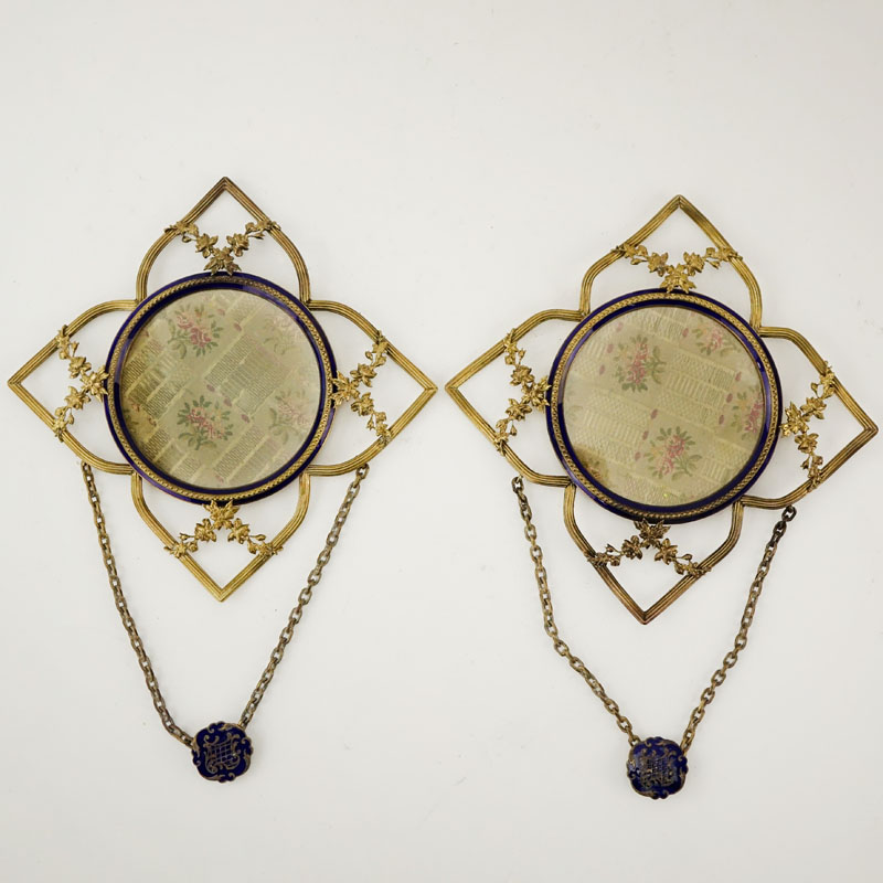 Pair of Antique French Gilt Bronze and Enamel Hanging Frames