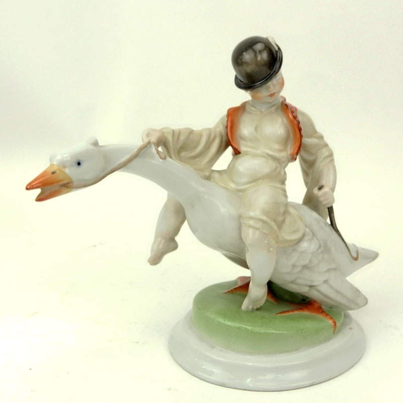 Herend Hungary "Boy Riding Goose" Matte Porcelain Figurine Number 5515