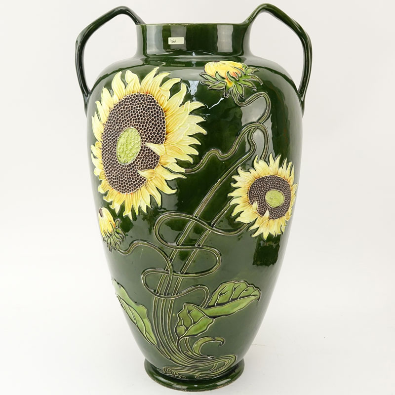 Julius B. Dressler Art Nouveau Majolica Handled Pottery Vase.