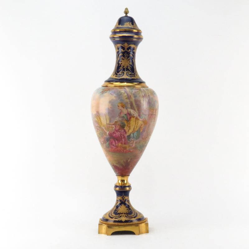 Early 20th Century Sevres Style Cobalt Blue and Gilt Porcelain Covered Urn