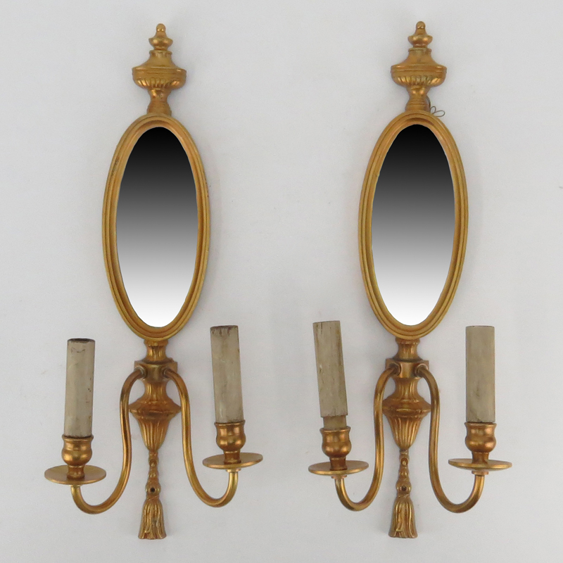 Pair of Louis XVI Style Gilt Bronze Two Arm Mirrored Sconces