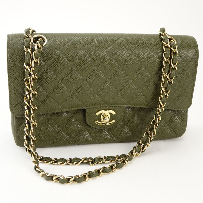 Chanel Olive Green Quilted Caviar Leather Double Flap Bag