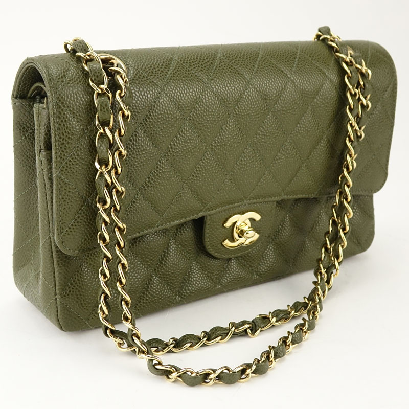 Chanel Olive Green Quilted Caviar Leather Double Flap Bag