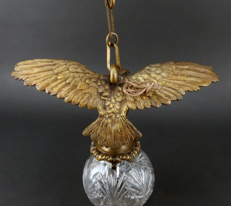 Vintage Gilt Bronze Imperial Eagle Chandelier with Cut Crystal Shade