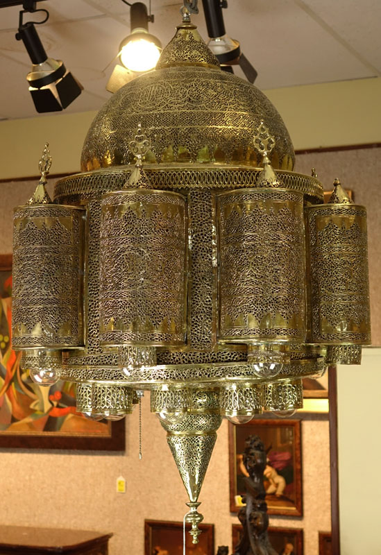 Large Mid 20th Century Moroccan Brass Chandelier with Filigree Islamic Design