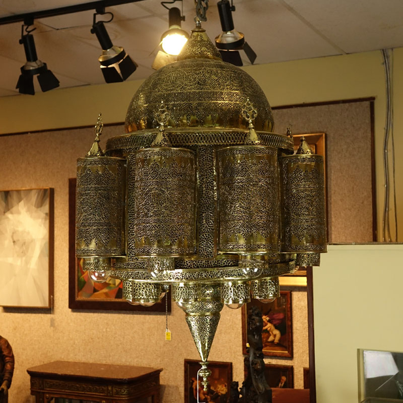 Large Mid 20th Century Moroccan Brass Chandelier with Filigree Islamic Design