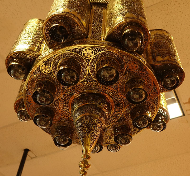 Large Mid 20th Century Moroccan Brass Chandelier with Filigree Islamic Design