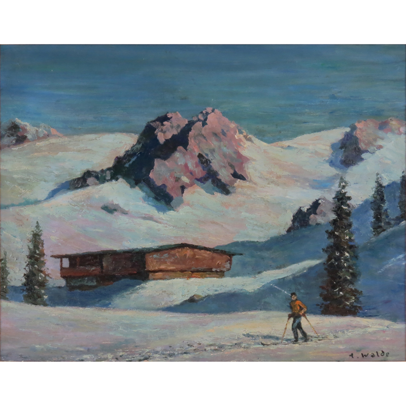 20th Century Oil on Artist Board, Skiing the Alps