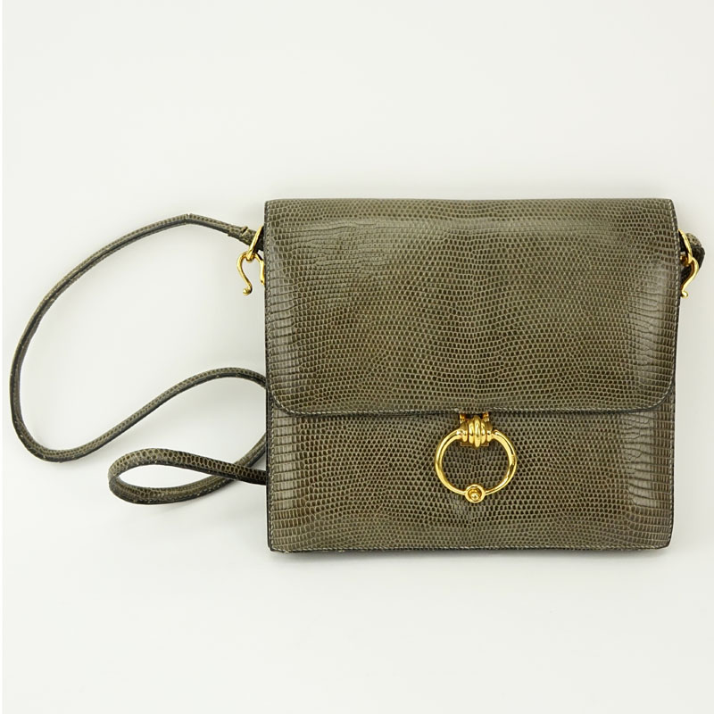 Vintage Hermès Olive Green Lizard Leather Flap Clutch Shoulder Bag