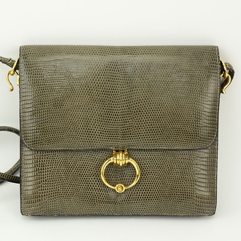 Vintage Hermès Olive Green Lizard Leather Flap Clutch Shoulder Bag