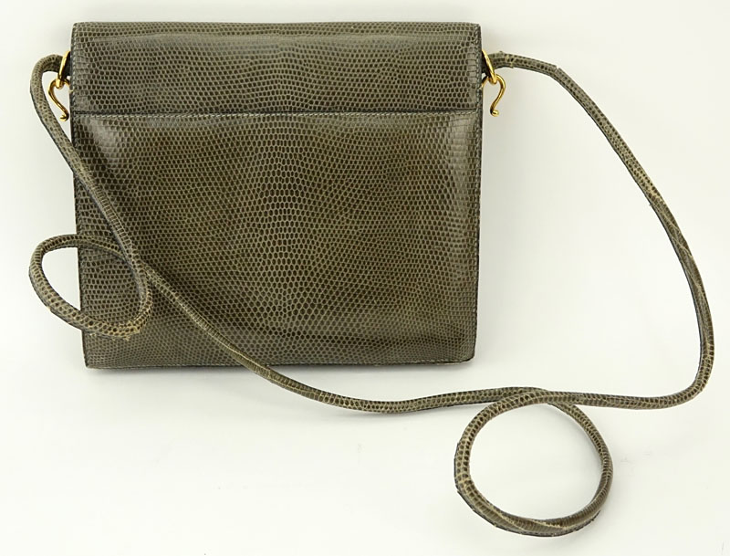 Vintage Hermès Olive Green Lizard Leather Flap Clutch Shoulder Bag